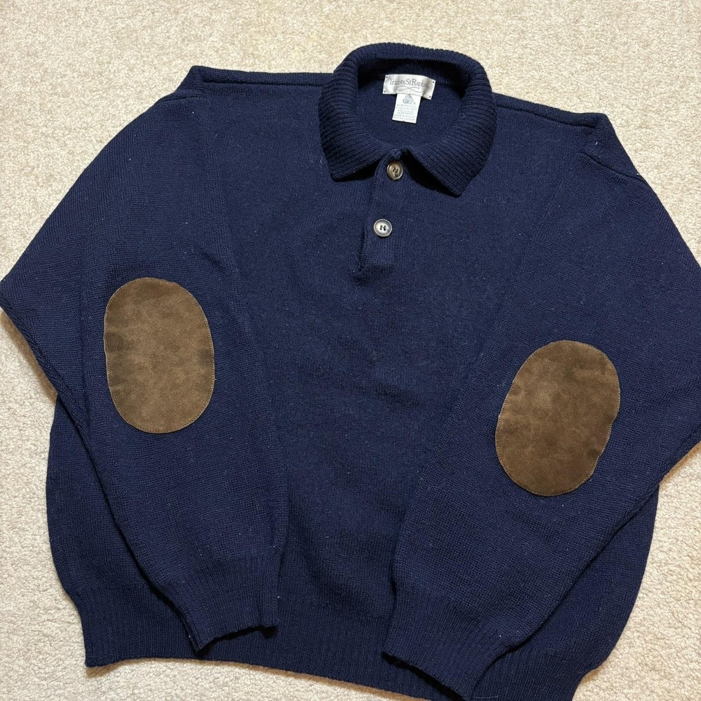 Tricots St Raphael Sweater Mens Medium Navy Merino Wool Collared Elbow Patch